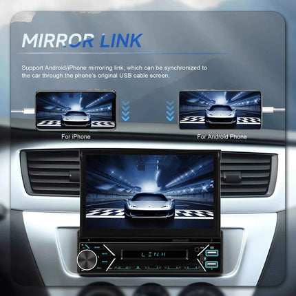 Podofo 1DIN Electric Retractable Car Radio Wireless CarPlay Android Auto  Mirror Link Car Multimedia Player DAB FM USB Type-C