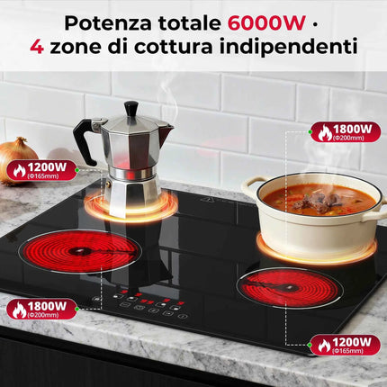 6000W Built-in Ceramic Hob, 4 Zone Induction Cooktop with Touch Control, 9 Power Levels, Timer & Child Lock, 60cm Black Glass
