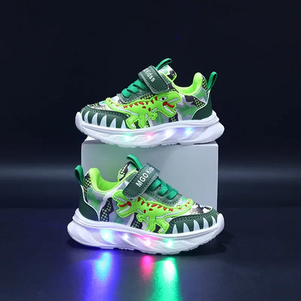 Scarpe sportive per bambini nuove primaverili Dinosauro del fumetto Scarpe leggere a LED per bambini Suola morbida Scarpe da ginnastica causali per ragazzi 2-6 anni
