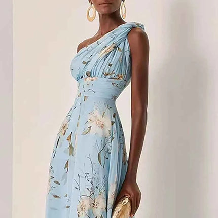 Abito Lungo in Chiffon con Stampa Floreale Francese, Vestito Boho Sexy Monospalla a Vita Alta per Donna, Abito Estivo Senza Maniche per Vacanze