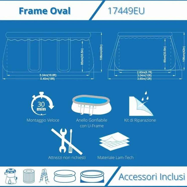Piscina Fuoriterra Ovale Avenli con Struttura in Acciaio Cm 540x304x106 Grigia con Pompa Filtro, Scala e Teli Inclusi