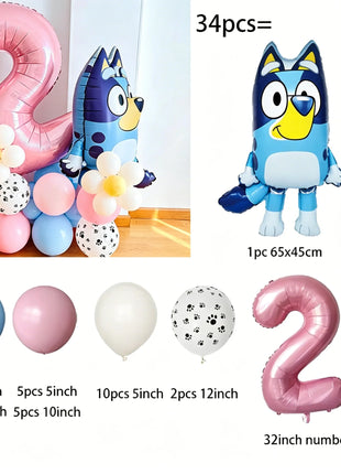 Set di Palloncini per il 2° Compleanno di Bluey, Palloncino in Foil Numero 2 Rosa, Decorazioni per Feste con Cane Blu, Fiori e Zampe, Kit per Sfondo Fotografico per Bambini