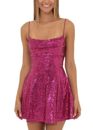 Abito da donna con paillettes lucide senza maniche, senza schienale, con spalline, aderente, mini abito da donna alla moda, abito da festa a trapezio per cocktail streetwear