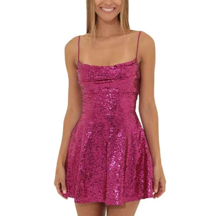 Abito da donna con paillettes lucide senza maniche, senza schienale, con spalline, aderente, mini abito da donna alla moda, abito da festa a trapezio per cocktail streetwear