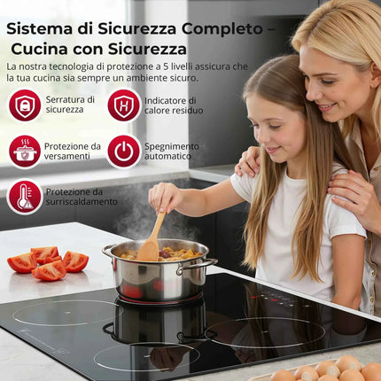 Piano Cottura a Induzione Da Incasso 4 Zone 6000W 60cm - Touch, 9 Livelli, Timer, Blocco Bambini