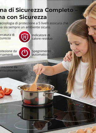 6000W Built-in Ceramic Hob, 4 Zone Induction Cooktop with Touch Control, 9 Power Levels, Timer & Child Lock, 60cm Black Glass