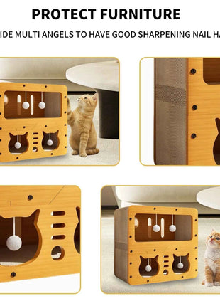 Large Cat House with Scratching Board Indoor Cat Shelter for Resting and Playing Easy Assembly Suitable for Multi-cat Families