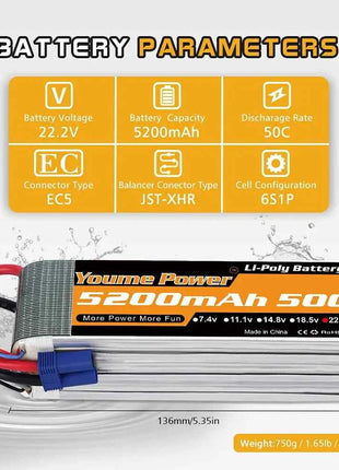 Youme 6S 22.2V 6500mah 5200mah RC Lipo Battery 22.2V XT60 XT90 EC5 RC Airplane Helicopters Car Boat Truck Parts