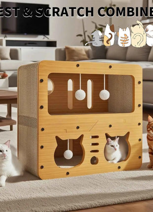 Large Cat House with Scratching Board Indoor Cat Shelter for Resting and Playing Easy Assembly Suitable for Multi-cat Families