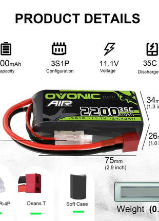 OVONIC 3S Lipo Battery 35C 2200 mAh 11.1 V Short Pack with Deans Connection for Aircraft Helicopter for 1:14 RC Car RC Plane (2P