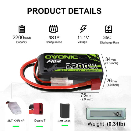 OVONIC 3S Lipo Battery 35C 2200 mAh 11.1 V Short Pack with Deans Connection for Aircraft Helicopter for 1:14 RC Car RC Plane (2P