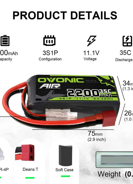 OVONIC 3S Lipo Battery 35C 2200 mAh 11.1 V Short Pack with Deans Connection for Aircraft Helicopter for 1:14 RC Car RC Plane (2P