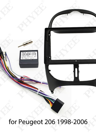 Wiring harness adapter with CAN Bus decoder, 9-inch 2 Din Android radio panel frame for Peugeot 206 1998 - 2006, 16-pin cable