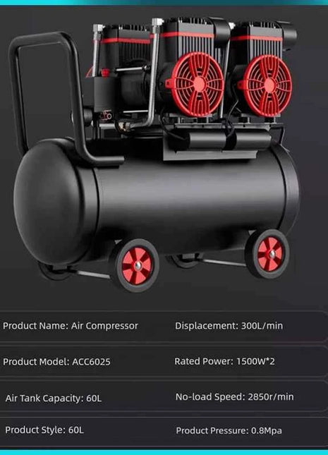 Silent Oil-Free Air Compressor 600W 1500W Portable Air Pump with 10L-160L Tank for Home Repair Tire Inflation Nail Gun