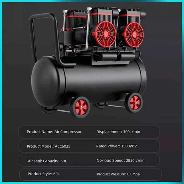 Silent Oil-Free Air Compressor 600W 1500W Portable Air Pump with 10L-160L Tank for Home Repair Tire Inflation Nail Gun