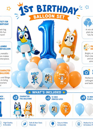 Set di Palloncini per Decorazioni Primo Compleanno Bluey, Palloncini in Foil Bluey e Bingo, Palloncini in Lattice, Accessori per Feste per Bambini e Bambine