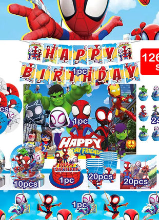 Set Decorazioni per Festa di Compleanno Spidey e Amici, Articoli per la Tavola, Bicchieri, Piatti, Palloncini, Striscione, Sacchetti Regalo, Decorazioni per Torte, Accessori per Bambini