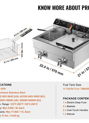 SucceBuy 12L Commercial Electric Deep Fryer w/Dual Tanks 3000W  Stainless Steel Countertop Fryer for Fried Chicken French Fries