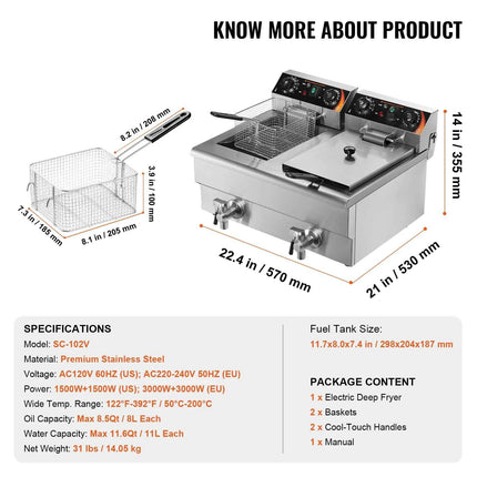 SucceBuy 12L Commercial Electric Deep Fryer w/Dual Tanks 3000W  Stainless Steel Countertop Fryer for Fried Chicken French Fries