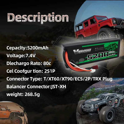 2Pcs VSVAW 2S Lipo Battery 7.4V 80C 5200mAh Hardcase T Plug for 1/8 1/10 RC Car Truck Tank RC Buggy Truggy RC Racing Parts