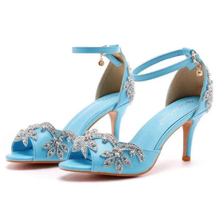 Sandali da donna di qualità femminile strass PU 7CM tacchi sottili cinturino con fibbia scarpe da donna in stile coreano vestito blu cielo maturo