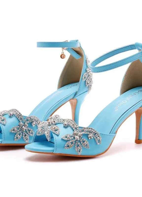 Sandali da donna di qualità femminile strass PU 7CM tacchi sottili cinturino con fibbia scarpe da donna in stile coreano vestito blu cielo maturo