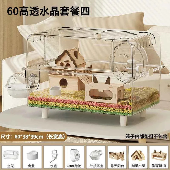 ‌Premium Hamster Cage, Thickened Acrylic Gerbil Mansion, Chew-Proof Luxury Habitat with Large Space, Ventilated Small Pet Home