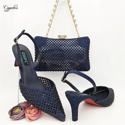 Set di scarpe e borsa verdi da donna, sandali africani di lusso con punta a punta e borsetta, scarpe con tacco da donna, pochette, escarpins femme QSL071