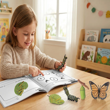 Set di giocattoli Montessori per l'apprendimento dell'inglese per bambini, con il ciclo di vita degli animali e 5 libri in inglese: formica, rana, farfalla, zanzara e fagiolo