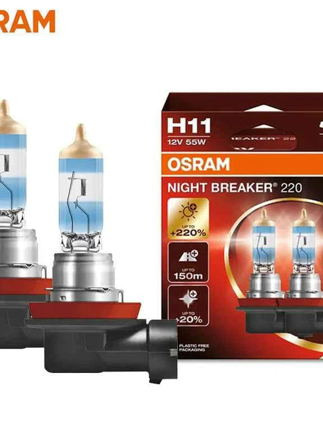 OSRAM Night Breaker 220 Car Lamps H4 H7 H11 Halogen Headlight +220% Power Bright +150m Long Beam Original Light 12V Germany, 2x