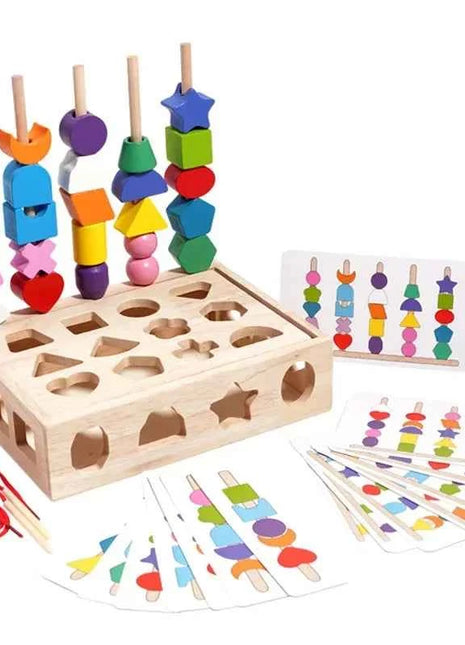 5 in1 Montessori Wooden Toys Color Shape Cognition Blocks Matching Sorting Game Beaded Early Educational Toys Gift for Children