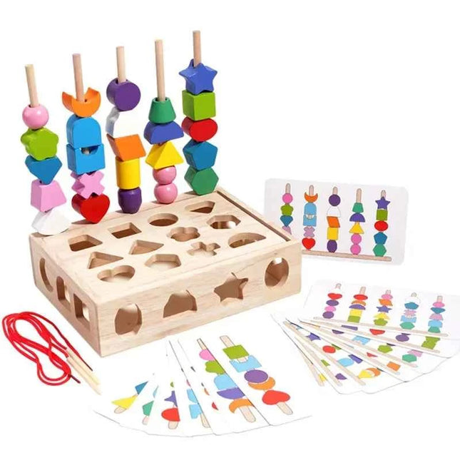5 in1 Montessori Wooden Toys Color Shape Cognition Blocks Matching Sorting Game Beaded Early Educational Toys Gift for Children