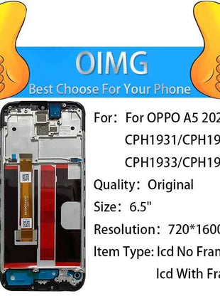 Original For Oppo A5 2020 LCD Display With Frame Screen Touch Panel Digitizer Replacement Parts CPH1931 CPH1959 CPH1933 CPH1935
