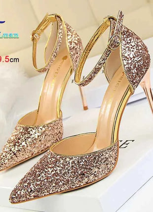 Sandali da Donna con Paillettes 2025, 9.5cm 7.5cm, Fibbia alla Caviglia, Tacco a Spillo per Matrimonio, Nuove Scarpe Classiche con Tacco Alto, Taglie 34-40