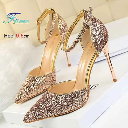 Sandali da Donna con Paillettes 2025, 9.5cm 7.5cm, Fibbia alla Caviglia, Tacco a Spillo per Matrimonio, Nuove Scarpe Classiche con Tacco Alto, Taglie 34-40