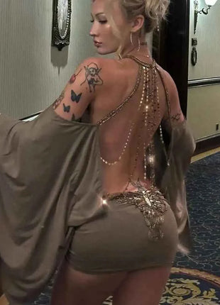 Mini Abito Sexy da Donna con Maniche a Pipistrello e Schiena Scoperta, Elegante Vestito Aderente con Spalle Scoperte e Pieghe sui Fianchi, Vestito Slim 2026 per Feste e Club