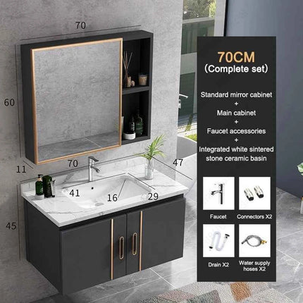 Bathroom Vanity Cabinet Set with Integrated Ceramic Sink Drain Accessories Wall Mounted Aluminum Storage Cabinet Mirror Combo