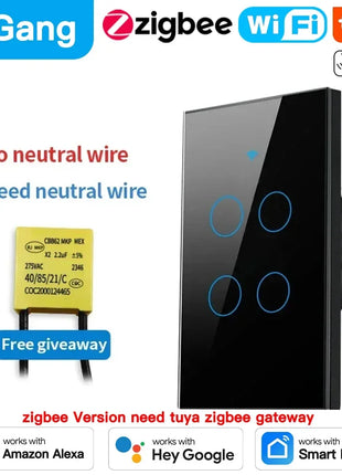 TNCE Tuya US Switch wifi zigbee, 1/2/3/4 gang, pulsante a parete con controllo della luce LED senza neutro/filo, voce intelligente con Alexa Google Home