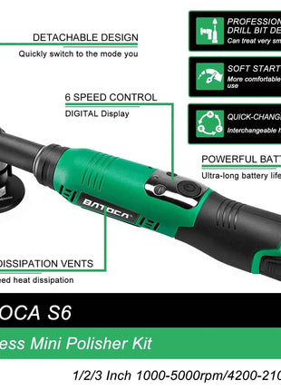 BATOCA S6 Cordless Mini Car Polisher 12V Cordless Polisher for Car Waxing 2.0Ah Buffer Polisher with Extension rod