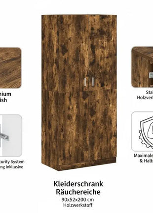 Armadio in Rovere Affumicato 90x52x200 cm con Ante Scorrevoli in Legno Ingegnerizzato, Ripiano e Asta Appendiabiti per Camera da Letto