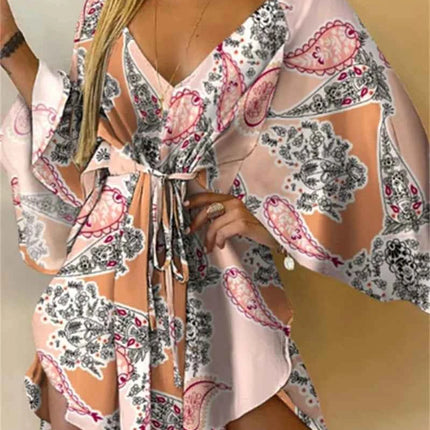 Abito da donna con stampa sexy scollo a V manica a pipistrello con volant fiori stampa Bohemian Beach vestito estivo da donna mini abiti larghi per le vacanze estive