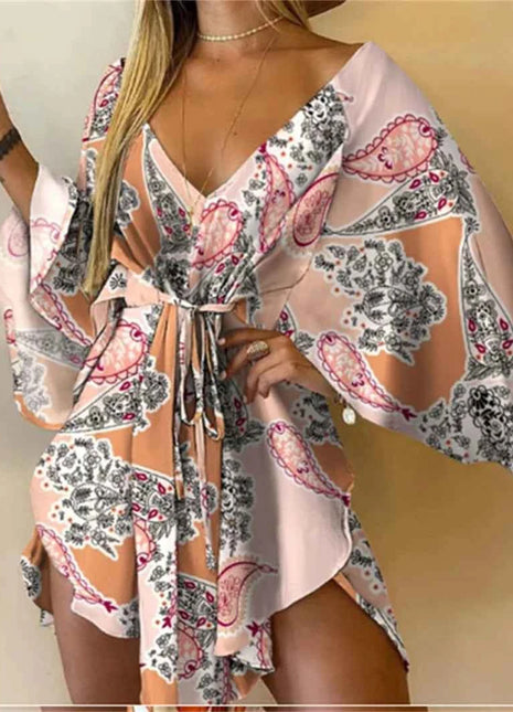 Abito da donna con stampa sexy scollo a V manica a pipistrello con volant fiori stampa Bohemian Beach vestito estivo da donna mini abiti larghi per le vacanze estive