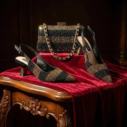 QSGFC Scarpe con tacco alto da donna di alta qualità, set di scarpe e borsa nere e oro, suola resistente, design italiano alla moda per matrimoni in Nigeria