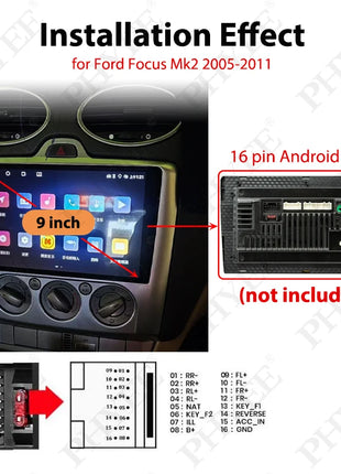 CAN Bus Wiring Harness with Radio Panel Frame for Ford Focus 2 from 2005 to 2011, 16-pin Adapter Cable for 9-inch Android Multimedia