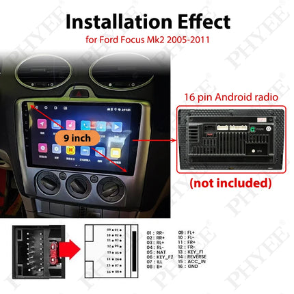 Cablaggio CAN Bus con telaio del pannello radio per Ford Focus 2 dal 2005 al 2011, cavo adattatore per multimediale Android a 16 pin da 9 pollici