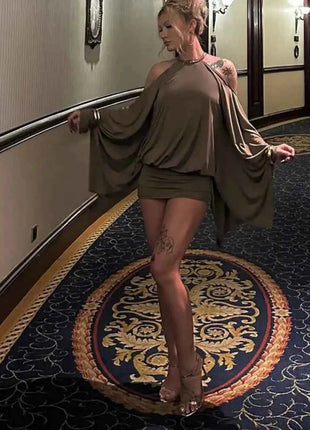Mini Abito Sexy da Donna con Maniche a Pipistrello e Schiena Scoperta, Elegante Vestito Aderente con Spalle Scoperte e Pieghe sui Fianchi, Vestito Slim 2026 per Feste e Club