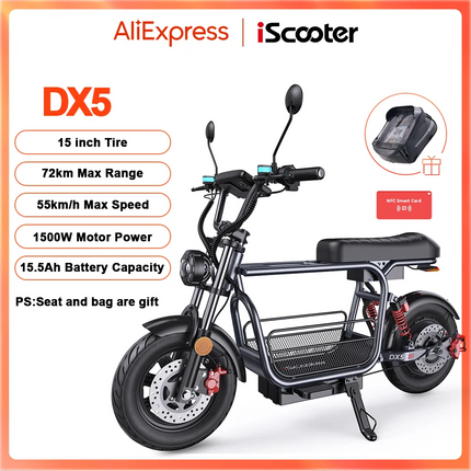 iScooter DX5 Electric Scooter 1500W 15.6Ah Scooter for Adults 72KM Range 15''Scooter with NFCs 55KM/h Speed