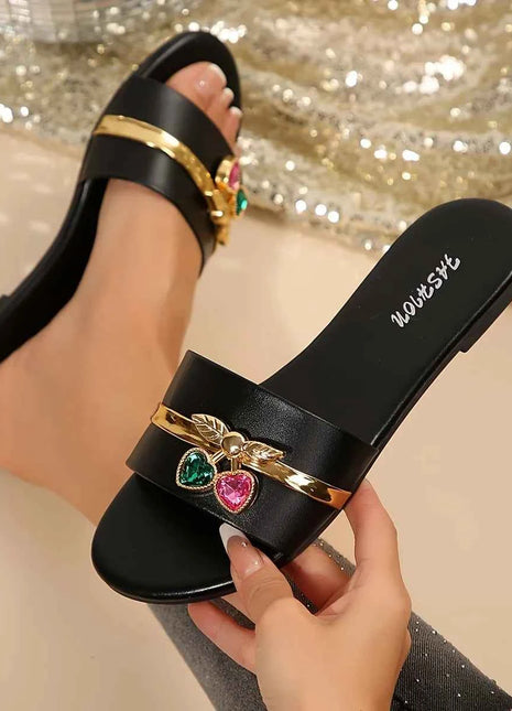 Scarpe da Donna Nuova Moda, Ciabatte con Fibbia a Ciliegia, Decorazione Metallica Versatile in Tinta Unita, Sandali Piatti con Punta Rotonda