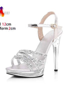 Sandali da donna a spillo argento 12CM Tacchi alti a fascia stretta lucida Sandali da donna eleganti di grandi dimensioni Scarpe da sposa estive da sposa