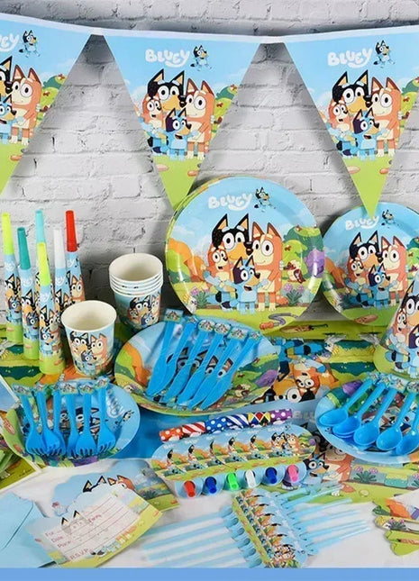 Set Decorativo per Feste a Tema Bluey e Bingo, con Stendibanner, Decorazioni per Torte, Bandierine, Palloncini, Piatti e Bicchieri
